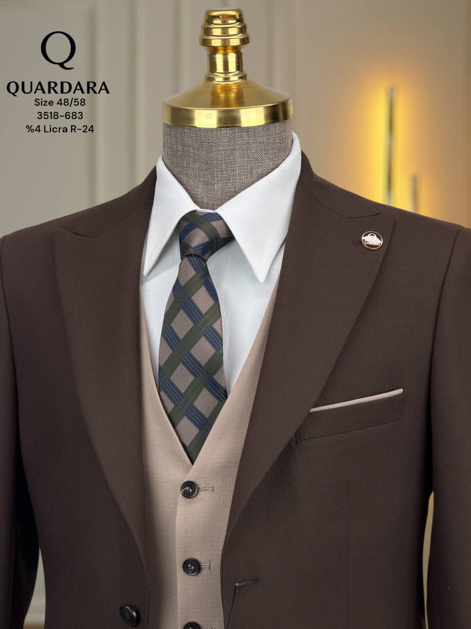 Men’s Brown 3-Piece Suit – Slim Fit Peak Lapel with Double Face Vest (Beige & Brown Reversible)