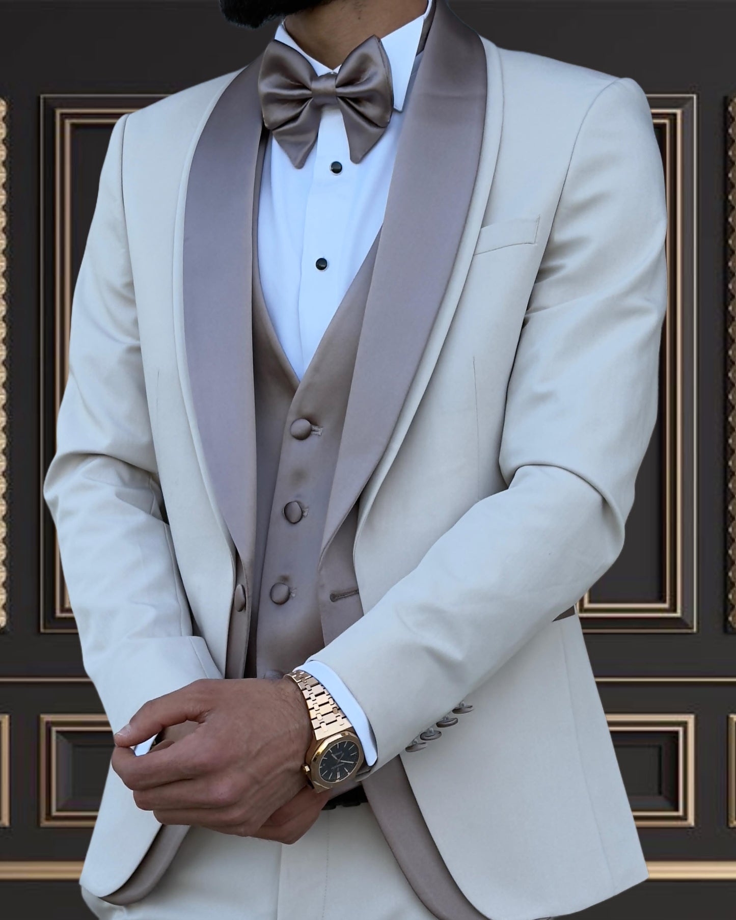 Men’s Beige Tuxedo with gold Shawl Lapel & Matching Vest