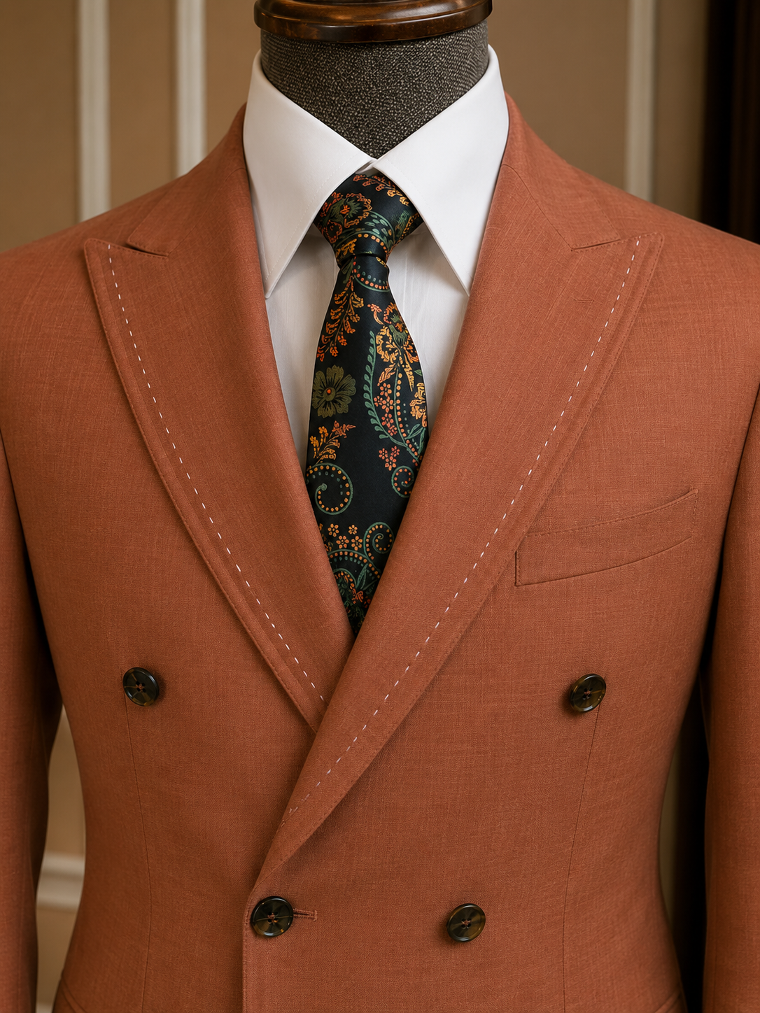 Men’s Linen Cognac Brown Peak Lapel Double-Breasted Suit