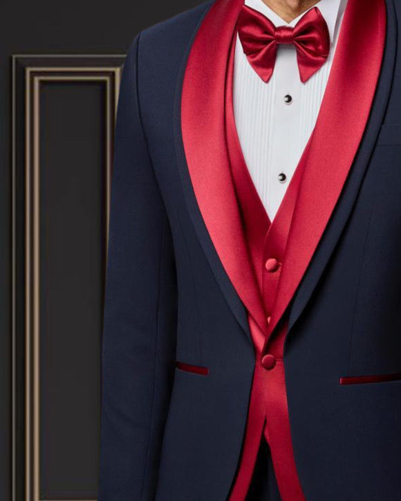 Men’s Navy Tuxedo with Red Satin Shawl Lapel & Red Vest