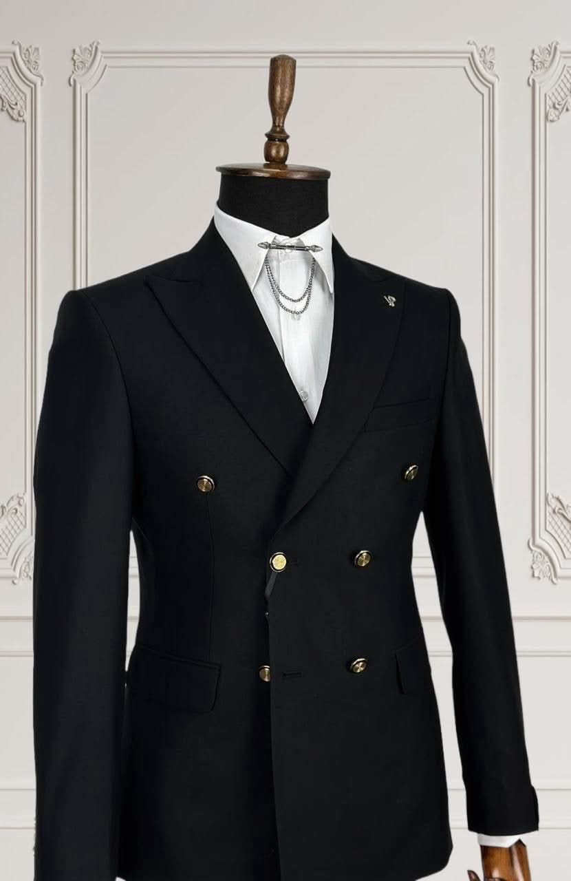 Men’s Black Double-Breasted Slim Fit Suit – Timeless Formalwear