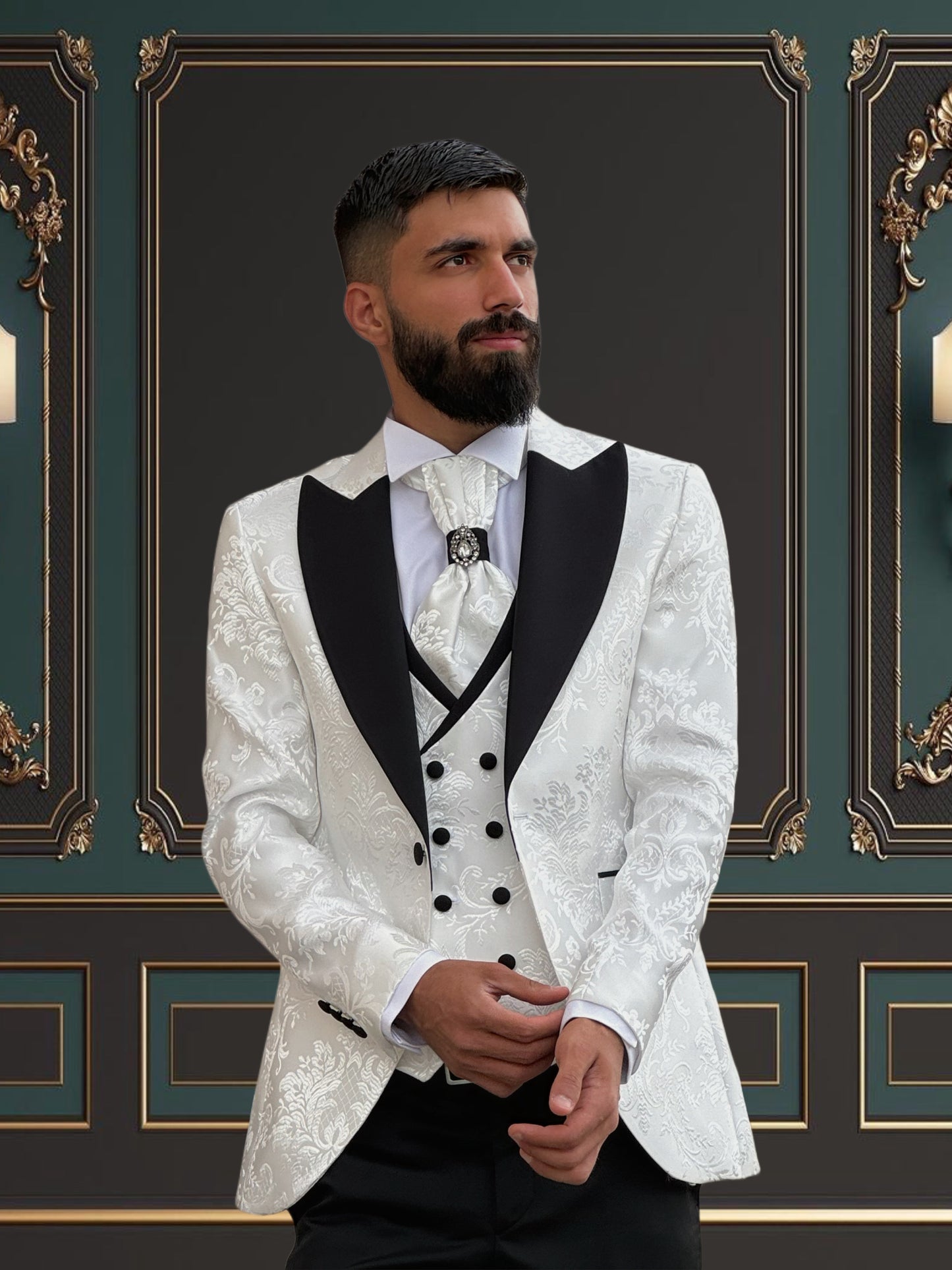 Men's White Floral Design Tuxedo with Peak Lapel | Weddings & Special Events