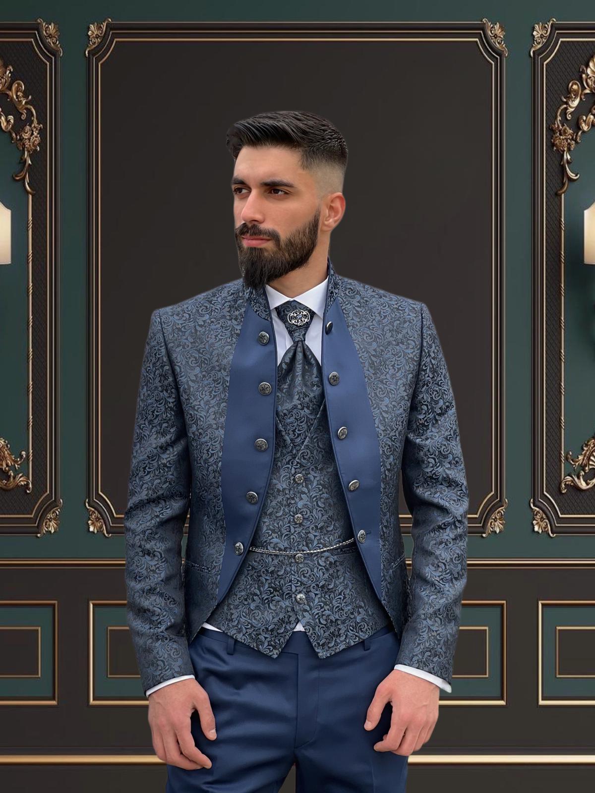 Men's light Blue Floral Tuxedo with Mandarin Collar | Slim Fit Premium Tux