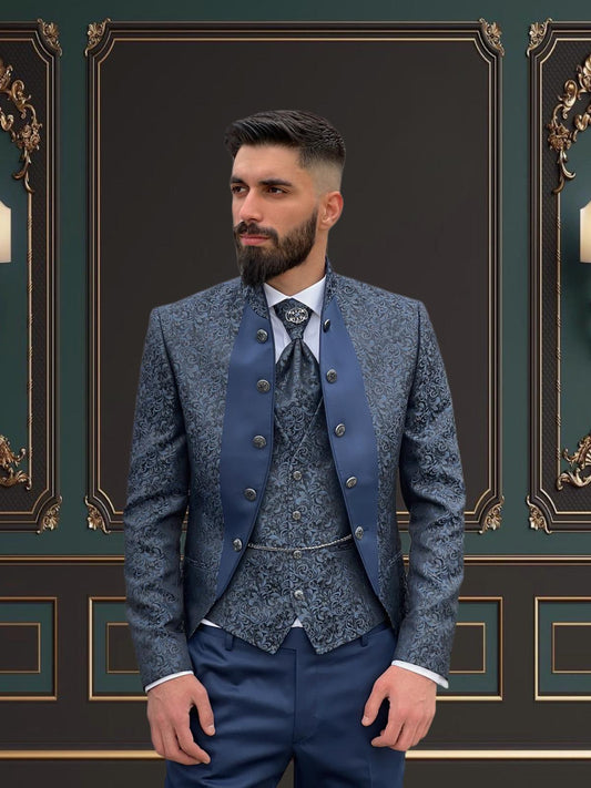 Men's light Blue Floral Tuxedo with Mandarin Collar | Slim Fit Premium Tux