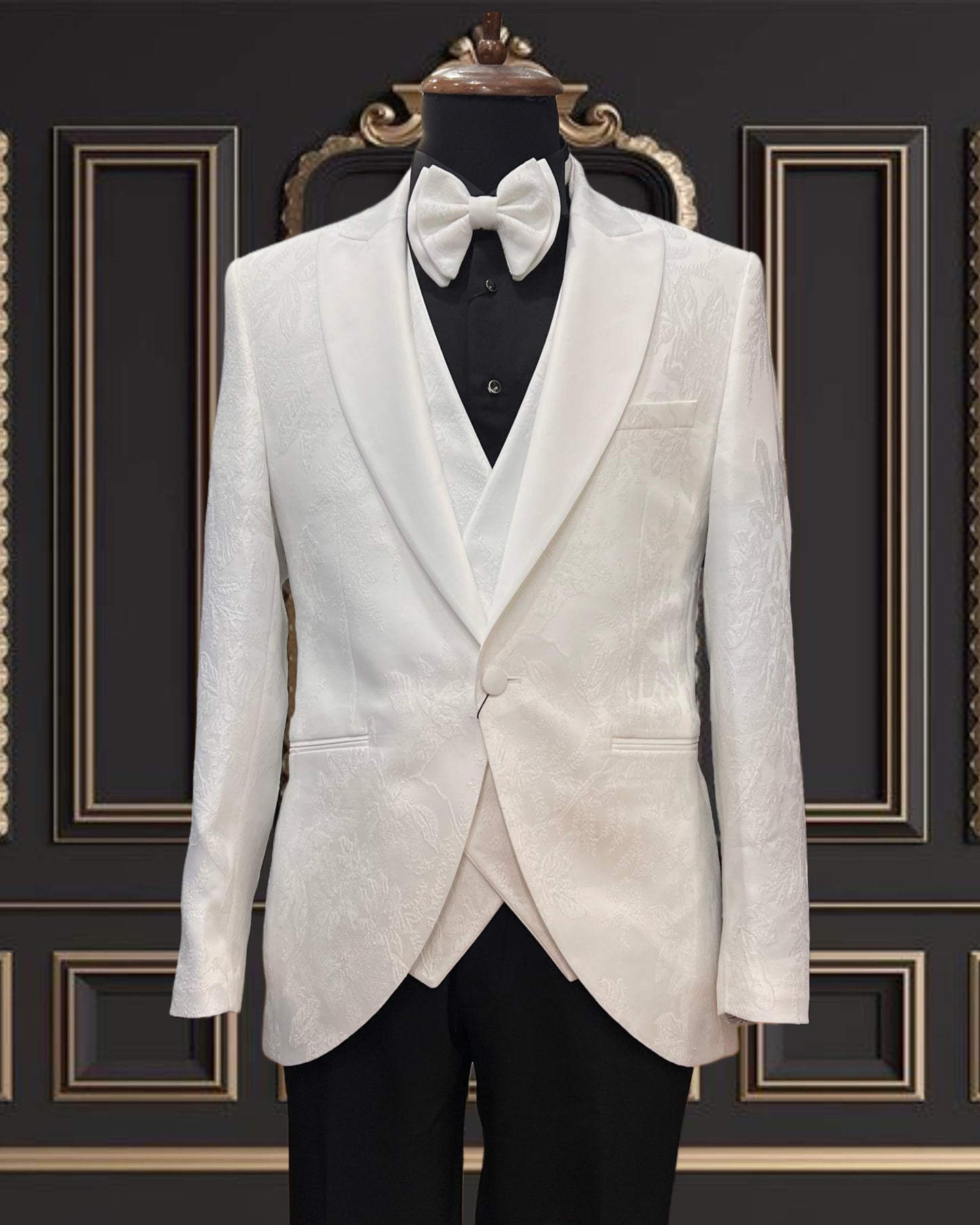 All Off White Floral Tuxedo with White Satin Lapel