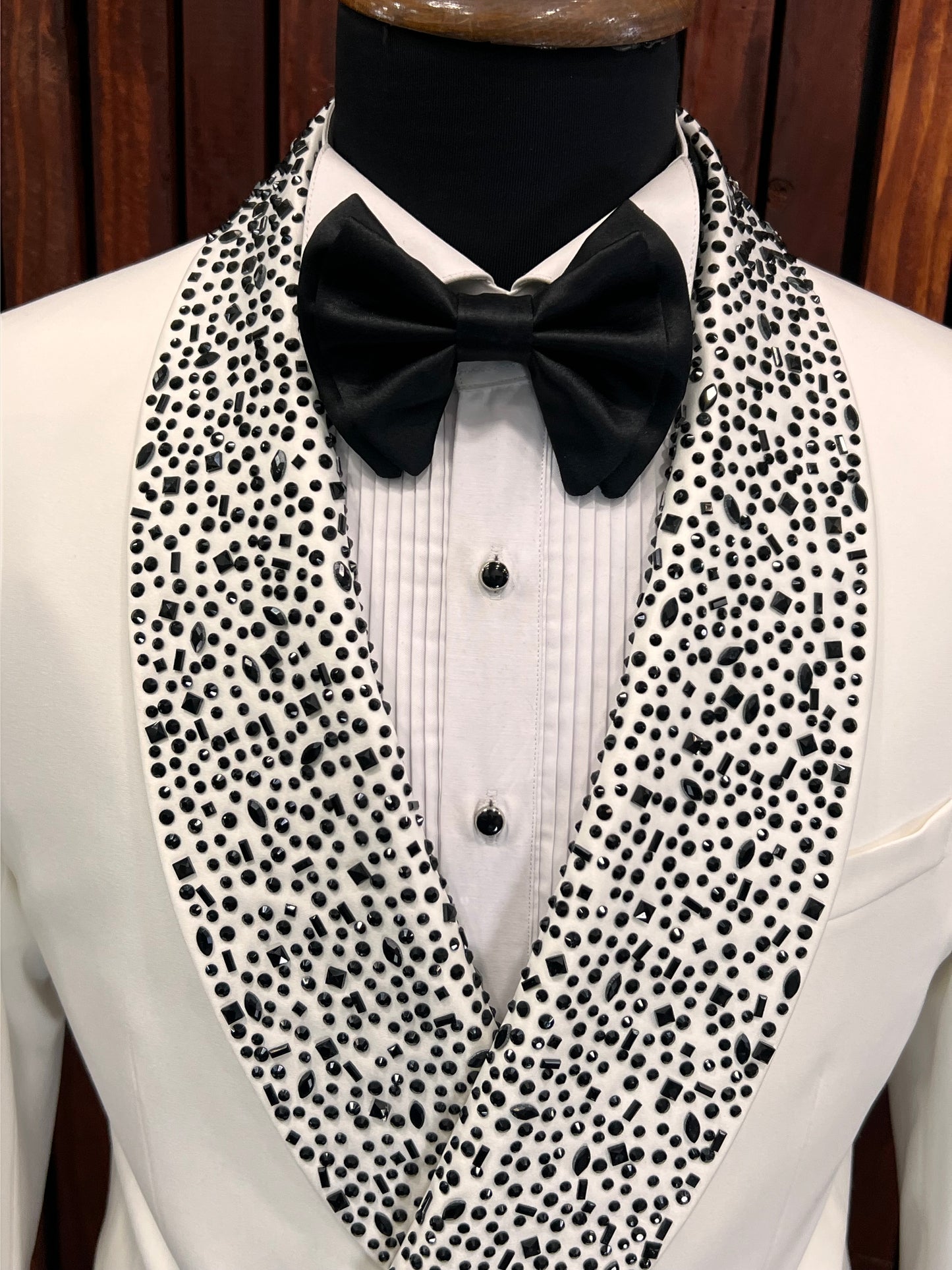 Men's Off-White Ivory Tuxedo with Rhinestone Shawl Lapel for Weddings & Formal Events - Elegance Factory