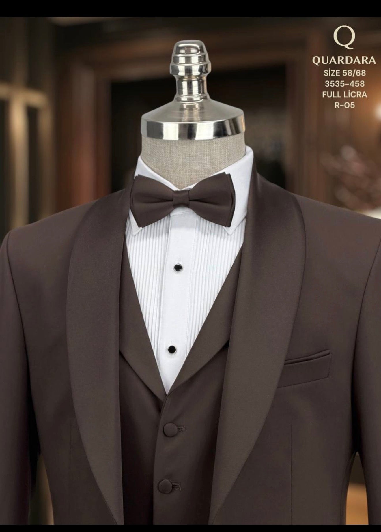 Men’s Brown 3-Piece Shawl Lapel Tuxedo – Slim Fit Formal Suit with Satin Lapel