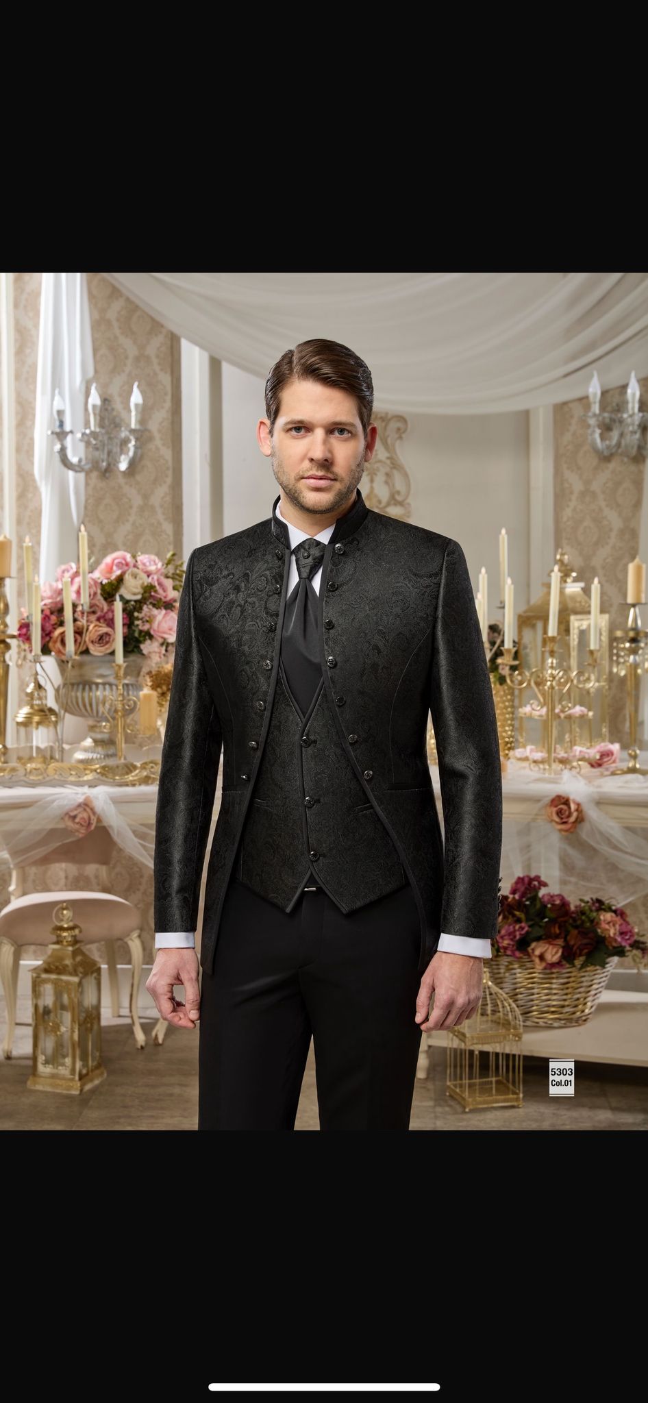 Men's Black Mandarin Collar Tuxedo with Floral Design – Stylish & Elegant