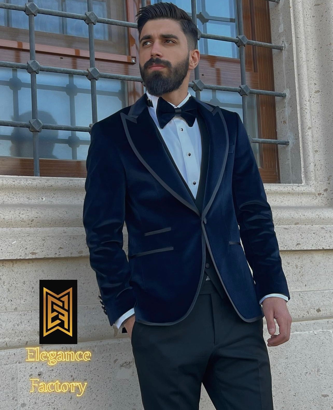 Men’s Navy Blue Velvet 3-Piece Slim Fit Tuxedo – Luxury Formalwear