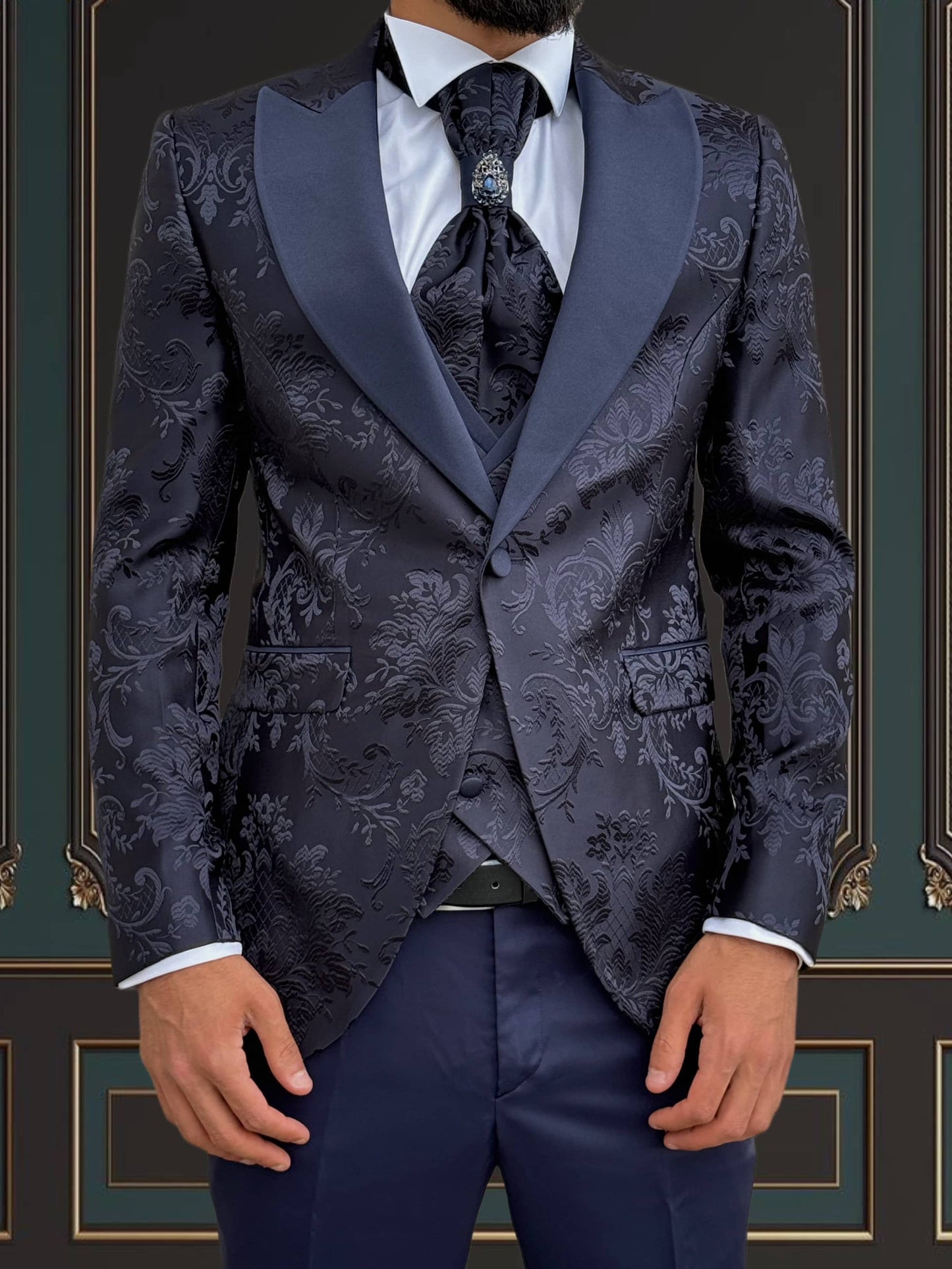 Men's Navy Blue Floral Design Tuxedo with Peak Lapel | Weddings & Events