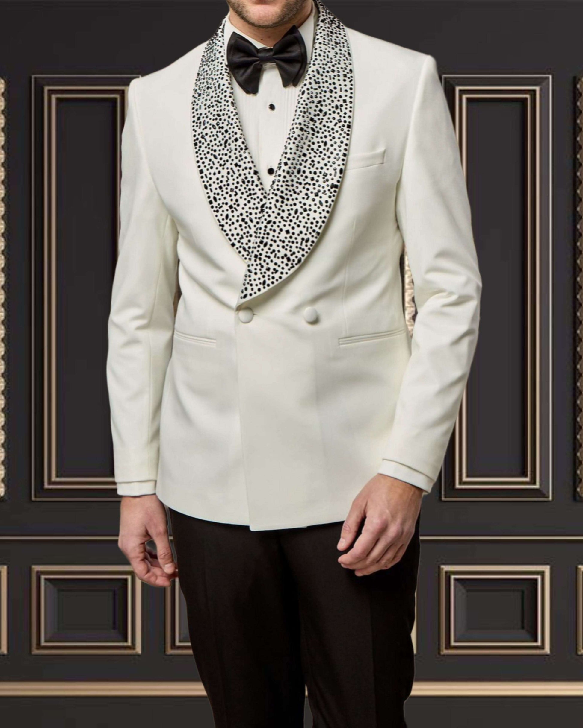 Men's Off-White Ivory Tuxedo with Rhinestone Shawl Lapel, ideal for weddings and formal events.