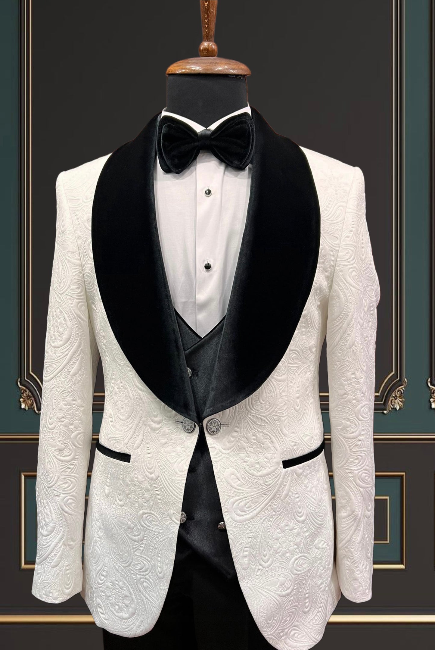 Men's White Floral Tuxedo with Black Velvet Shawl Lapel | Elegant Formal Attire