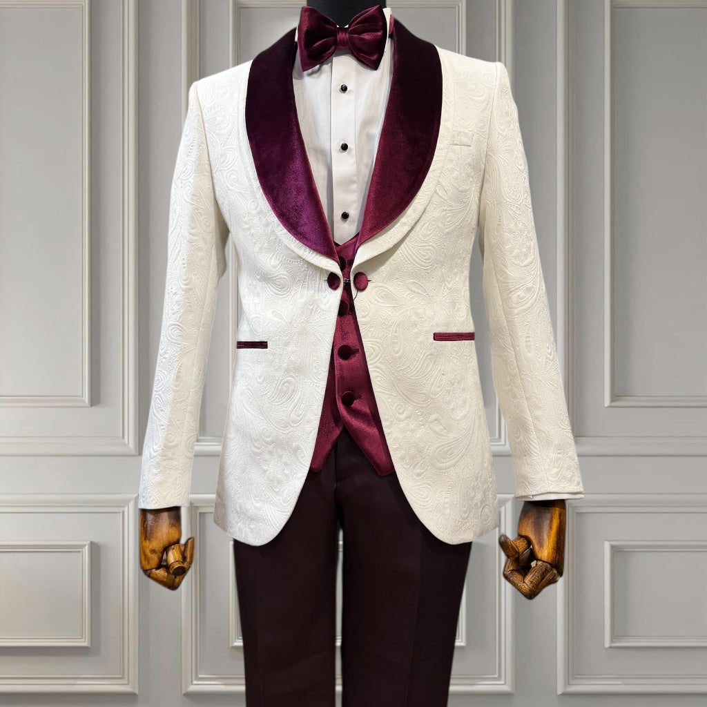 Men’s Burgundy Plum 3-Piece Tuxedo Suit with Velvet Lapel – Formal Wedding & Prom Suit