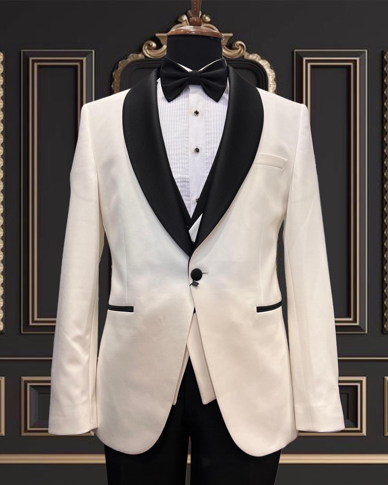 Men’s White Tuxedo with Black Shawl Lapel  – Perfect for Weddings & Galas