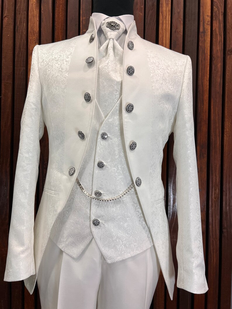 Men's Off White Floral Tuxedo with Mandarin Collar | Slim Fit Premium Tux