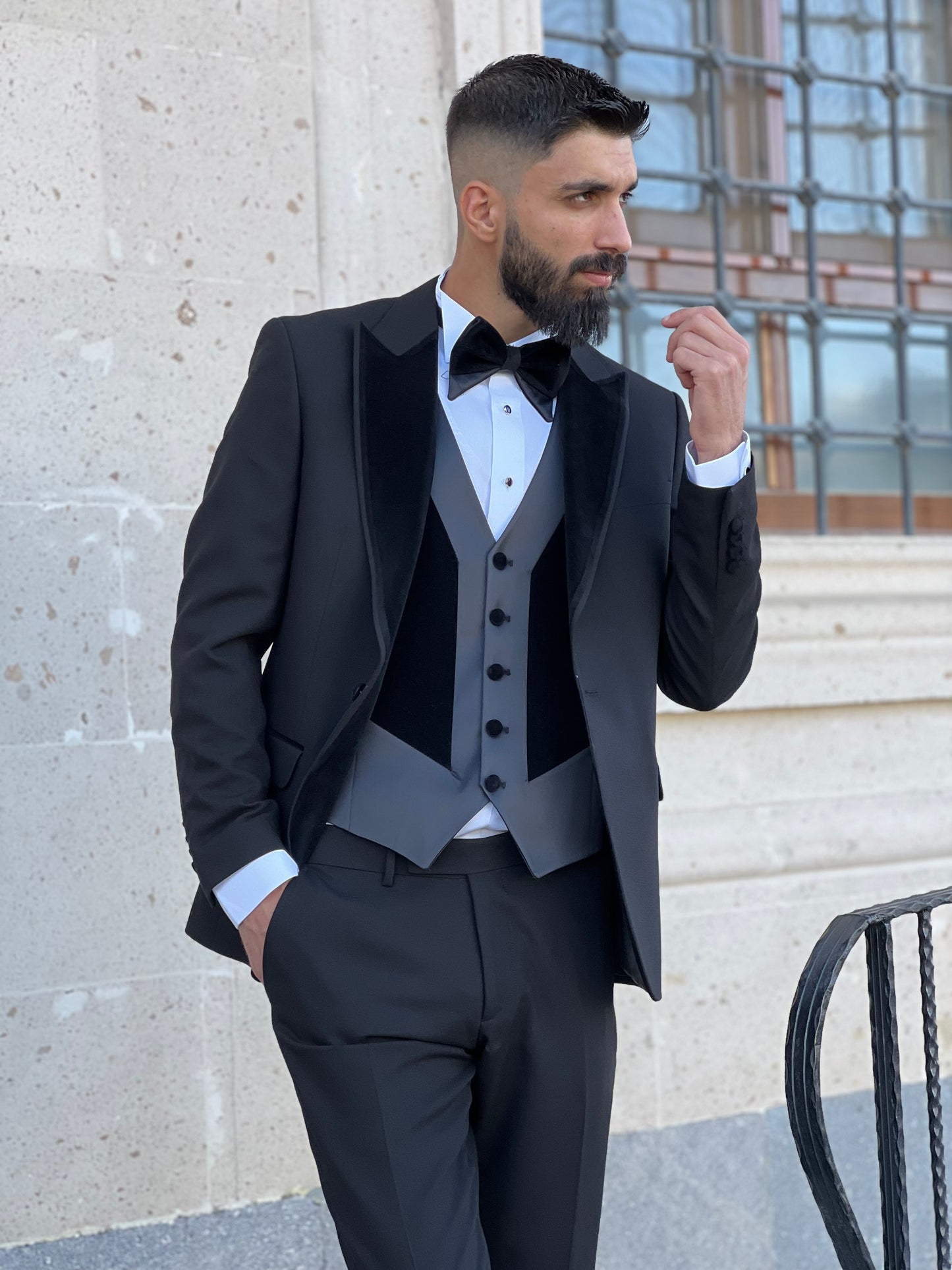 Slim Fit Black Single Breasted Tuxedo with Velvet Peak Lapel for Wedding and special occasions