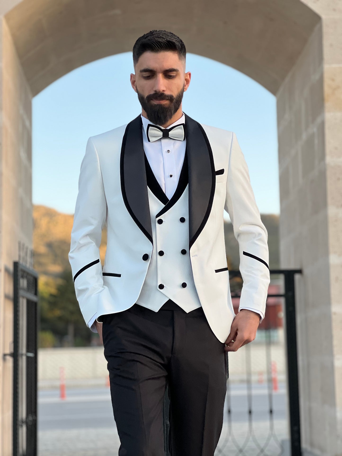 Men's Off-White Tuxedo with Black Satin Lapel | Premium Formal Wear