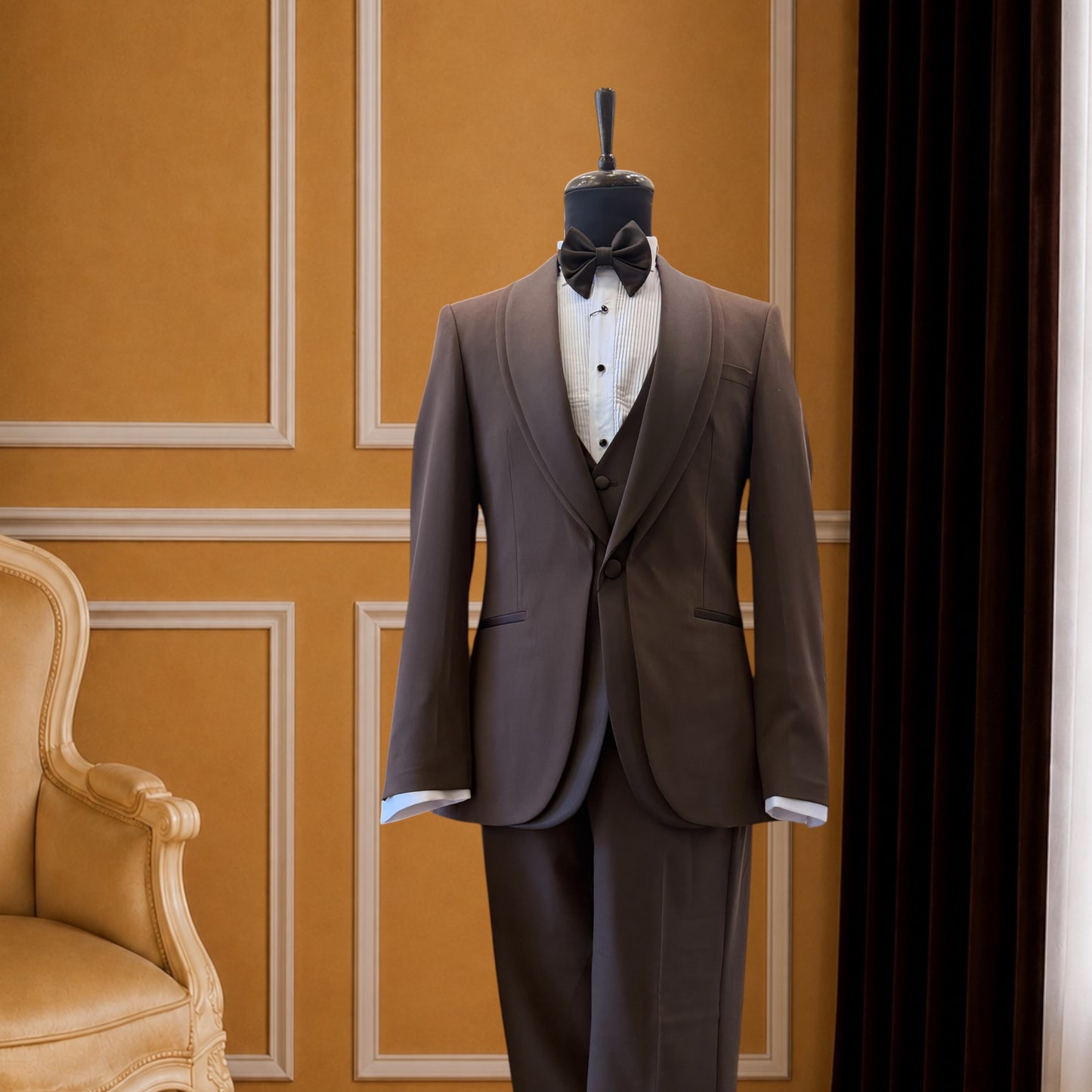 Men’s Brown Satin shawl Lapel Tuxedo with Trim