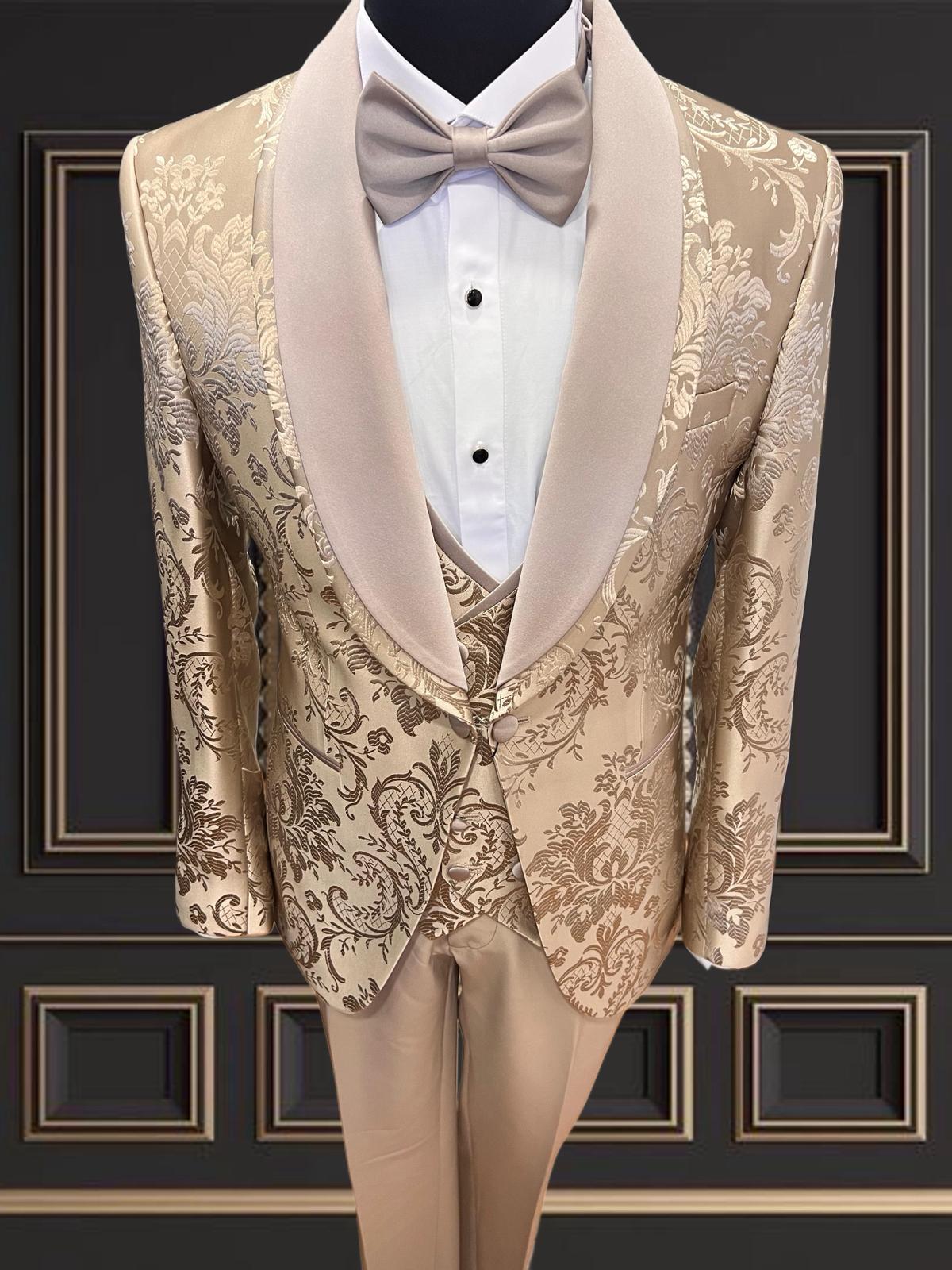 Premium Men's Gold Floral Tuxedo with Beige Shawl Lapel – Elegant & Modern