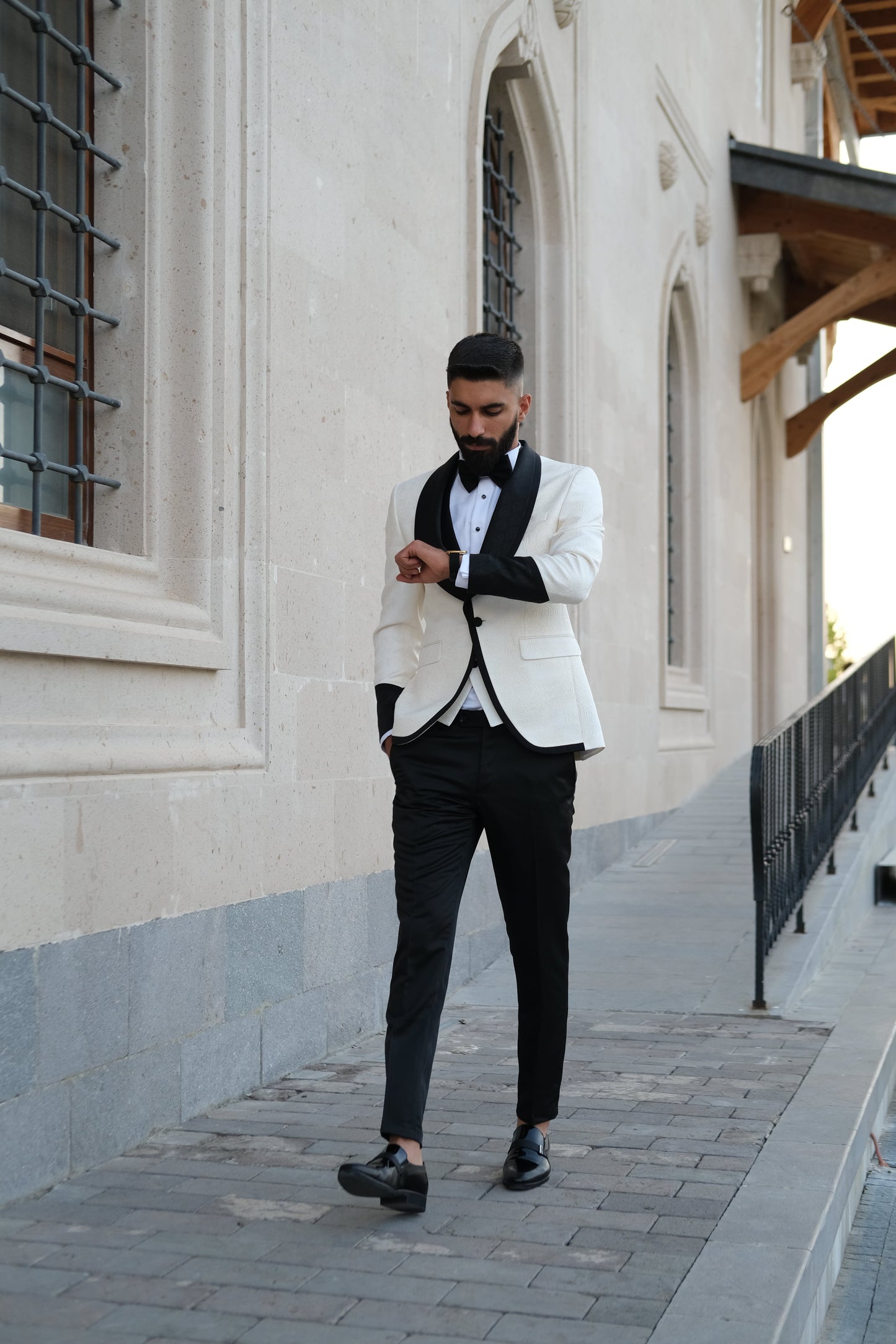 Premium Slim Fit Off White Color Wedding Tuxedo _ Shawl Black Lapel special sleeves