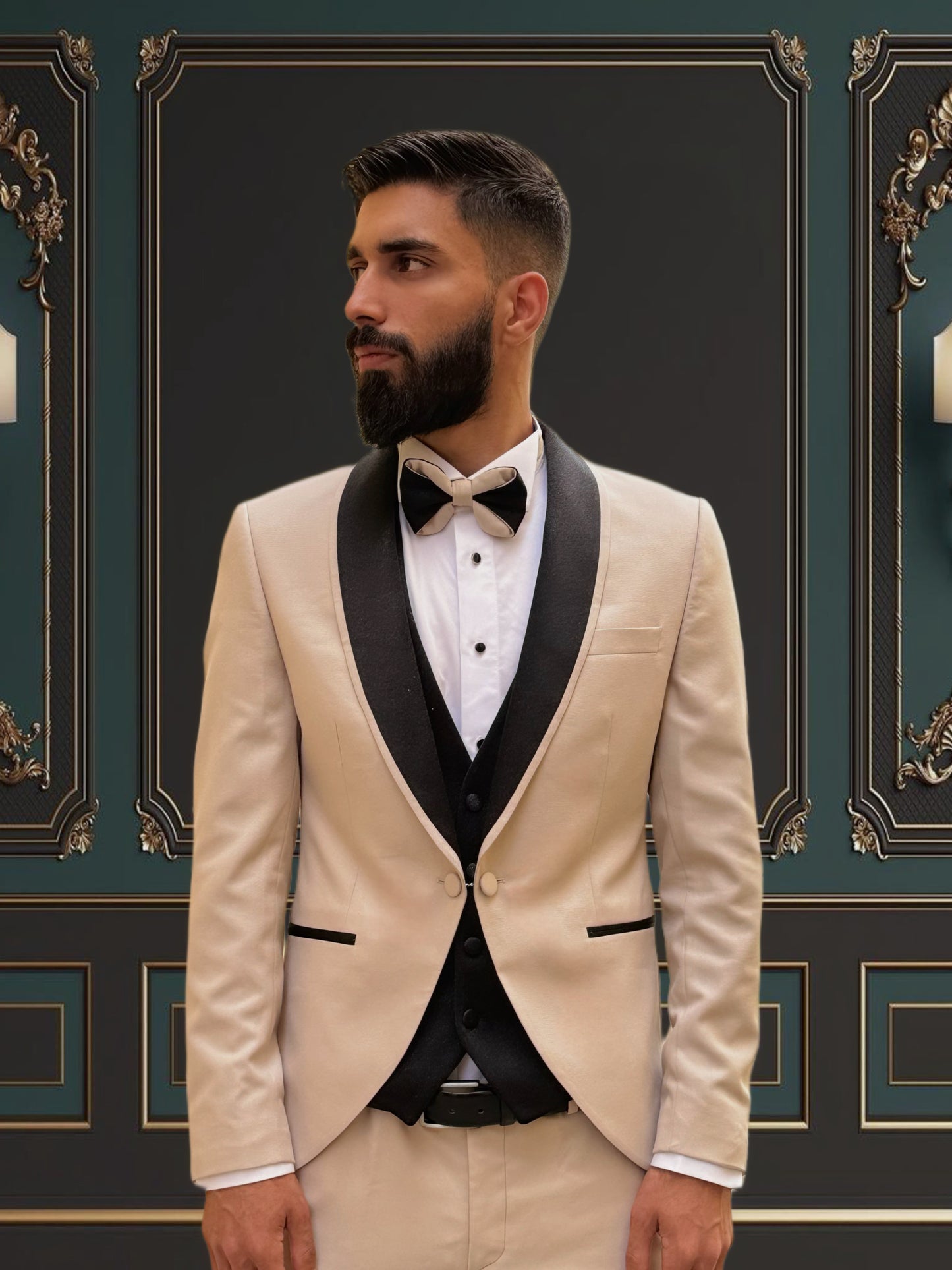 Men's Beige Tuxedo with Black Shawl Lapel & Glitter Accents | Weddings & Events