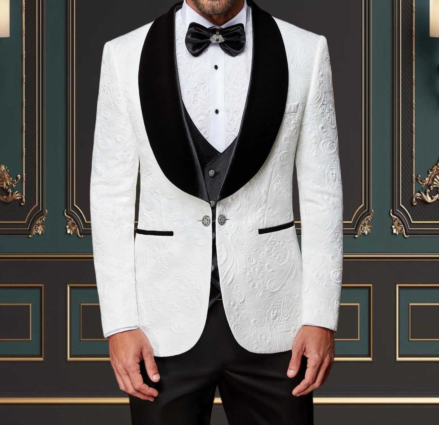 Men's white floral tuxedo with black velvet shawl lapel, ideal for weddings and special events.