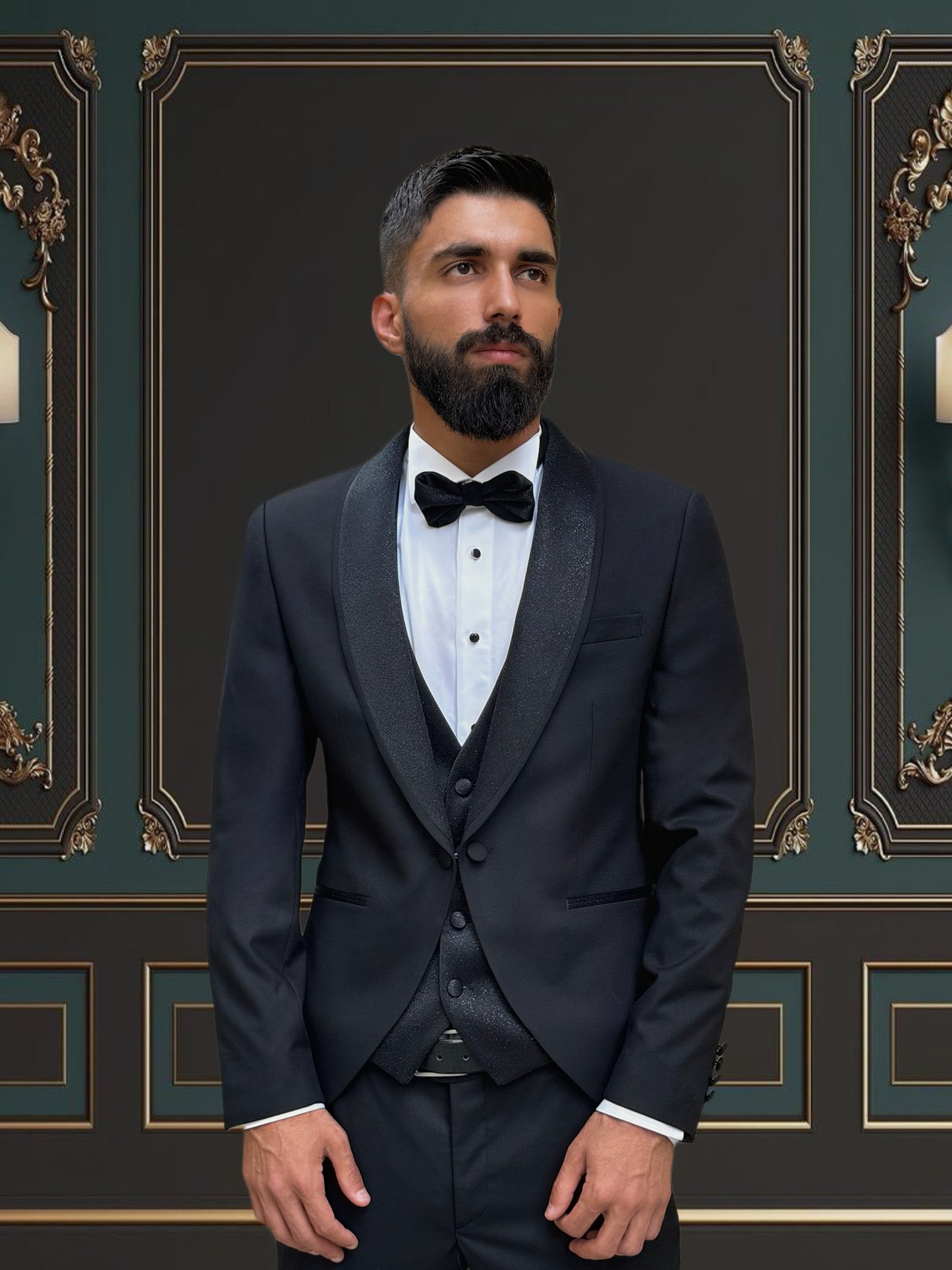 Men's Black Tuxedo with Glittered Shawl Lapel | Weddings & Events