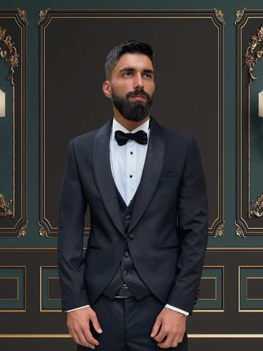 Men's Black Tuxedo with Glittered Black Shawl Lapel and Vest | Luxurious Formal Wear