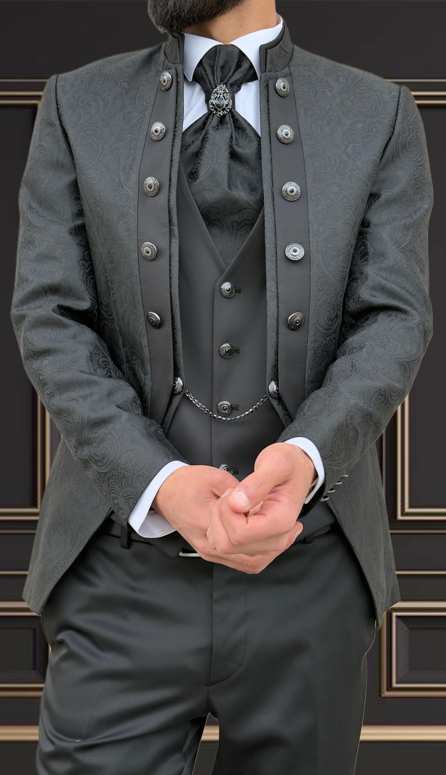 Men's Black Jacquard Tuxedo mandarin collar