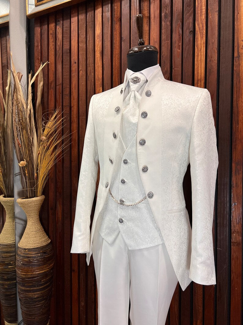 Men's Off White Floral Tuxedo with Mandarin Collar | Slim Fit Premium Tux