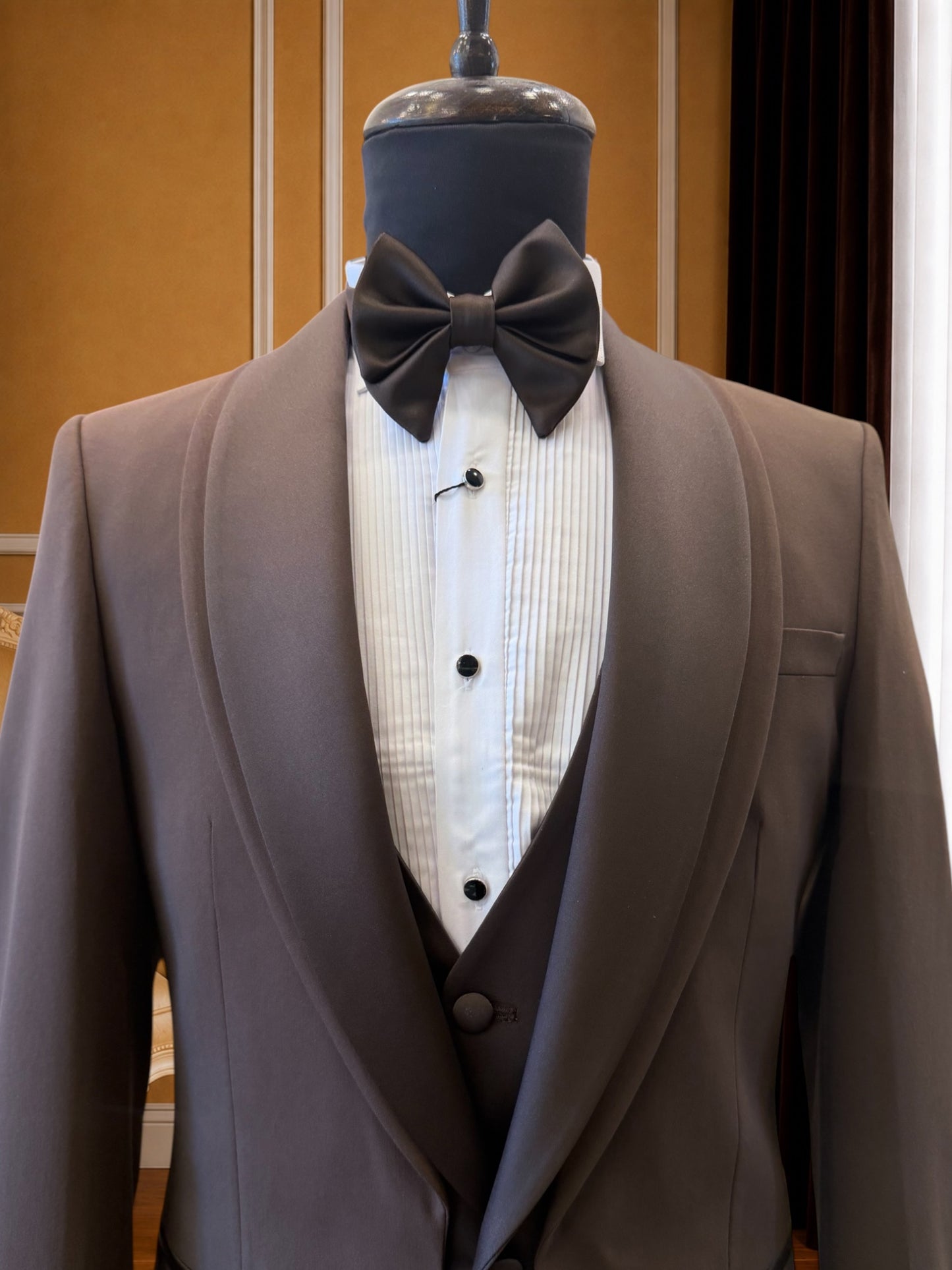 Men’s Brown Satin shawl Lapel Tuxedo with Trim