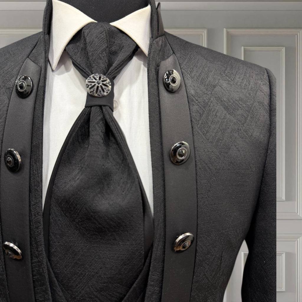 Men's Black Paisley Tuxedo Mandarin Collar Tuxedo | Premium Tux