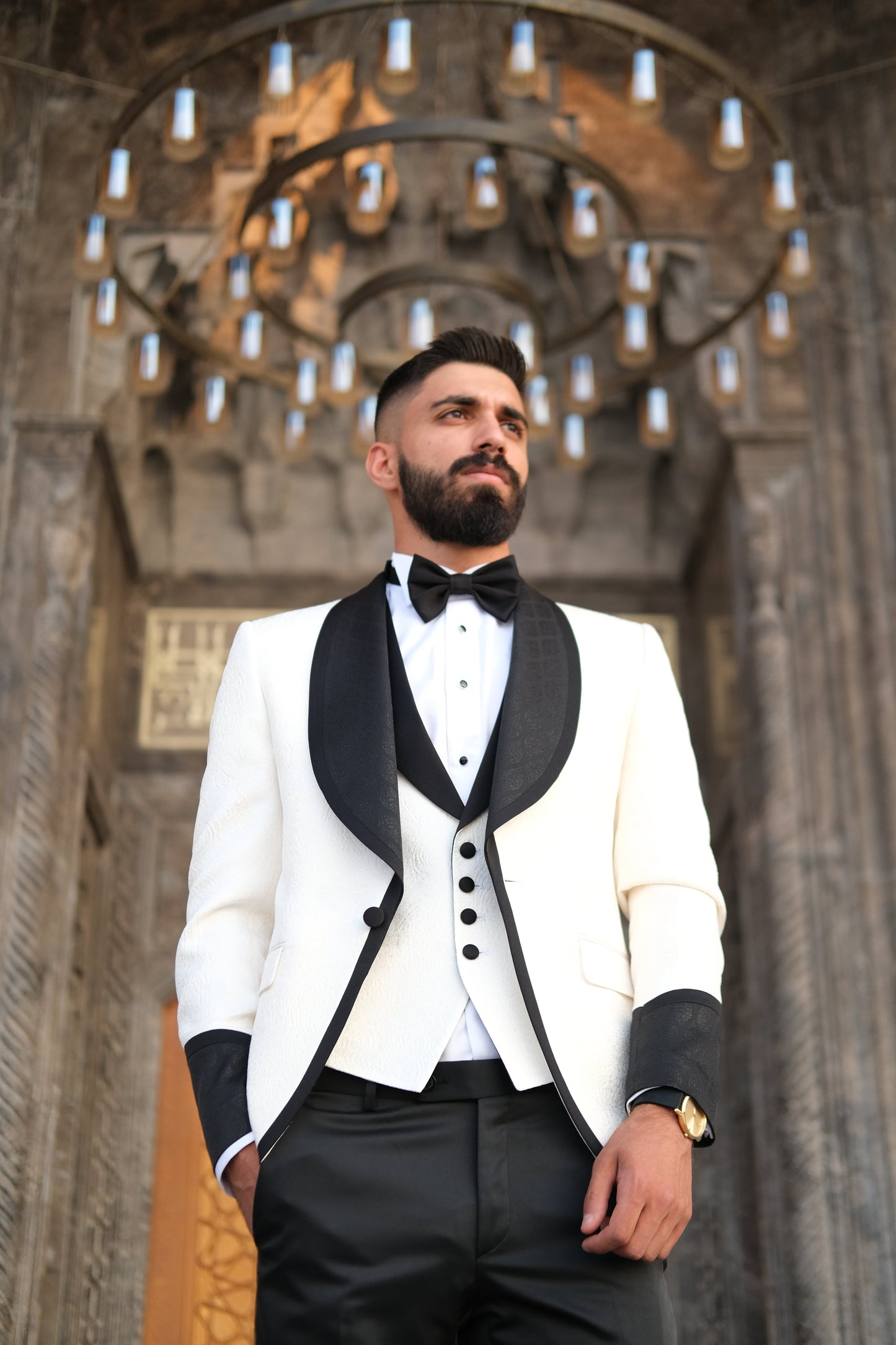 Premium Slim Fit Off White Color Wedding Tuxedo _ Shawl Black Lapel special sleeves