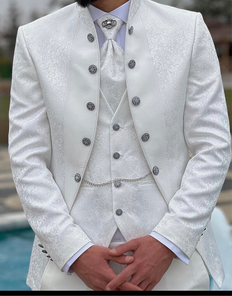 Men's Off White Floral Tuxedo with Mandarin Collar | Slim Fit Premium Tux