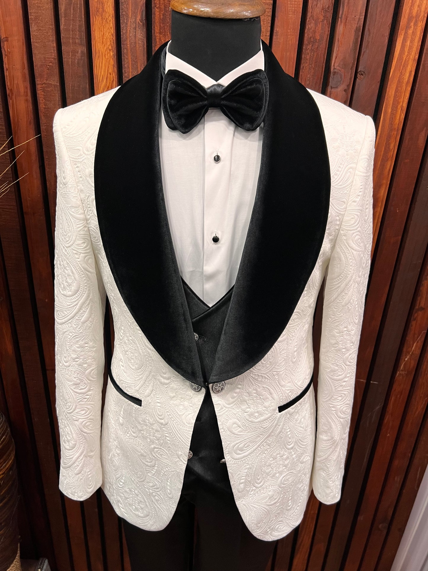 Mens white floral tuxedo With Black Velvet Shawl Lapel Slim Fit 4 piece Tuxedo | Premium Quality