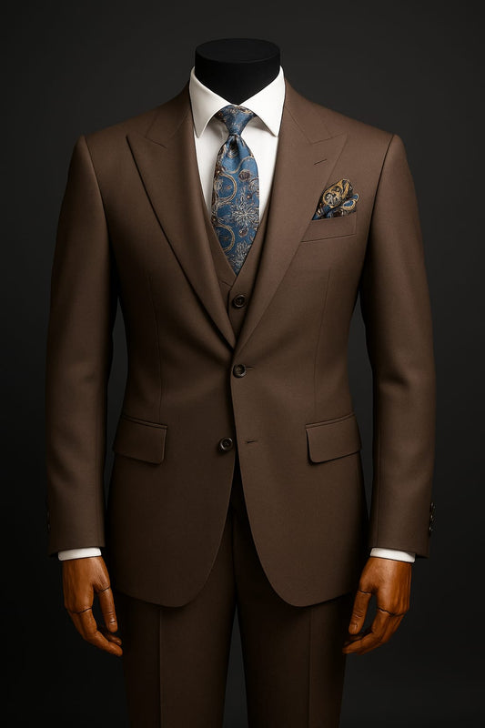 Men's Dark Brown 3-Piece Suit with Wide Peak Lapel