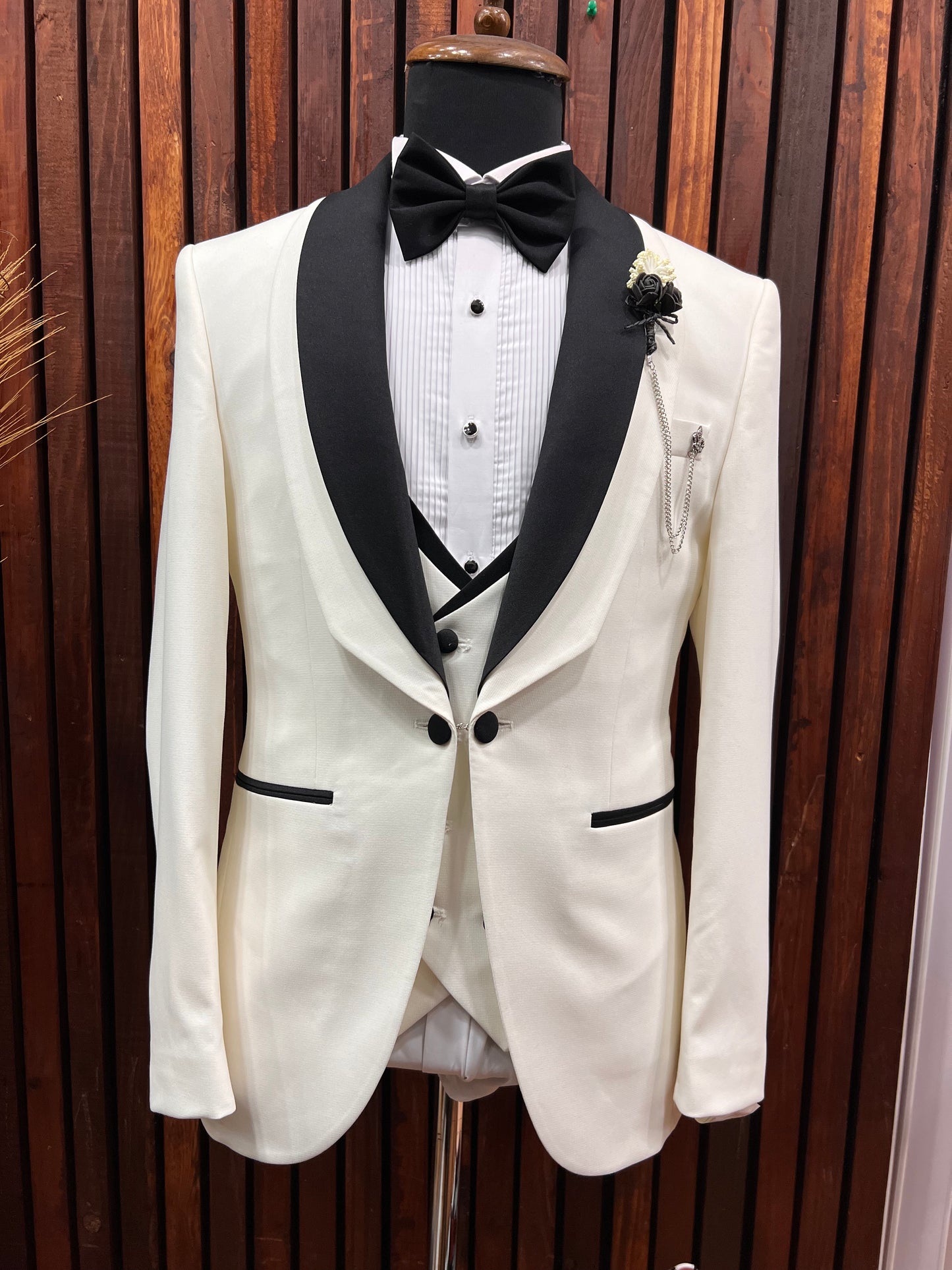 Mens white tuxedo with Black Shawl Lapel Slim Fit 4 piece Tuxedo | Premium Quality