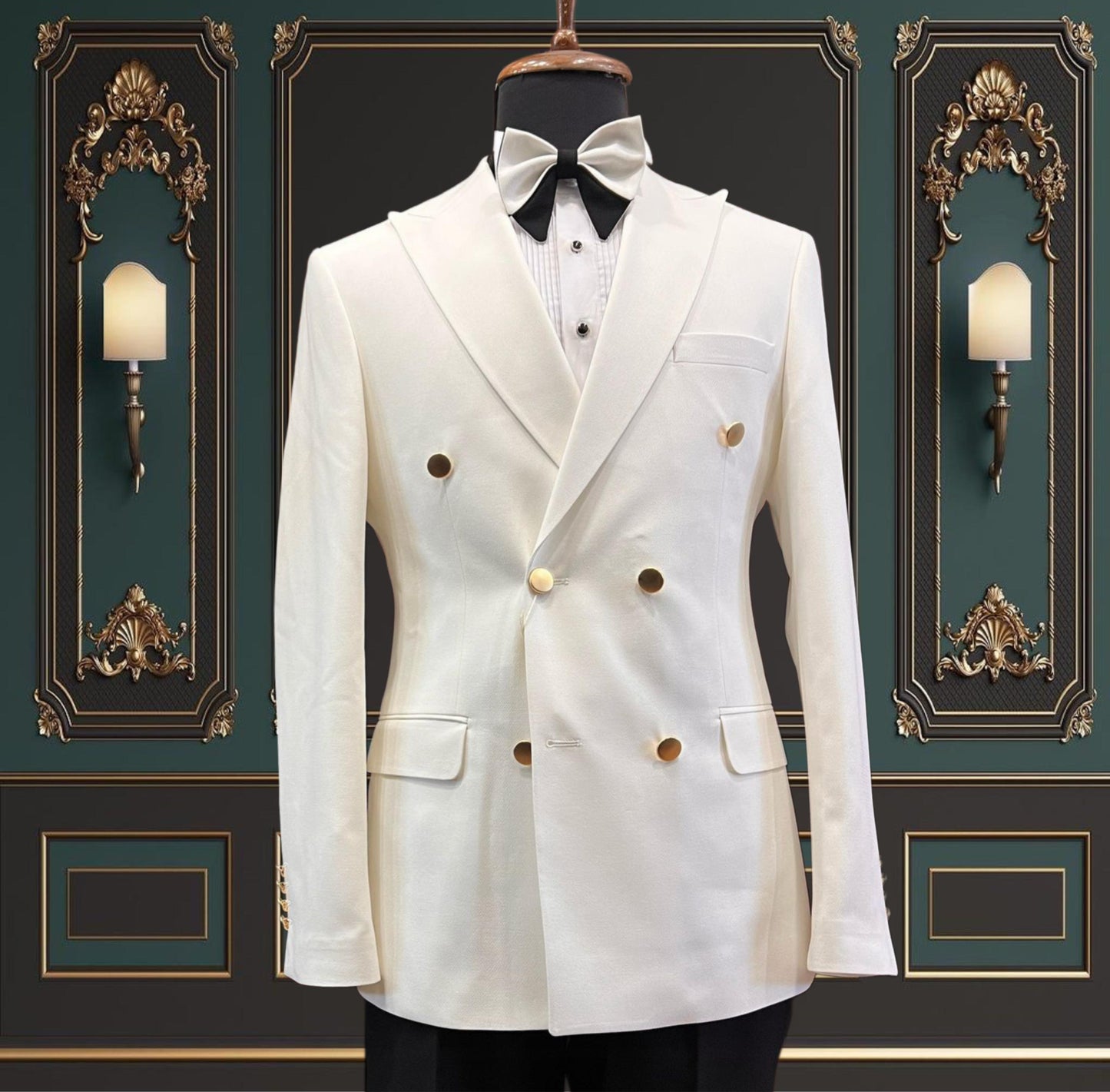 Men's Off-White Double Breasted Tuxedo with Gold Buttons and Peak Lapel