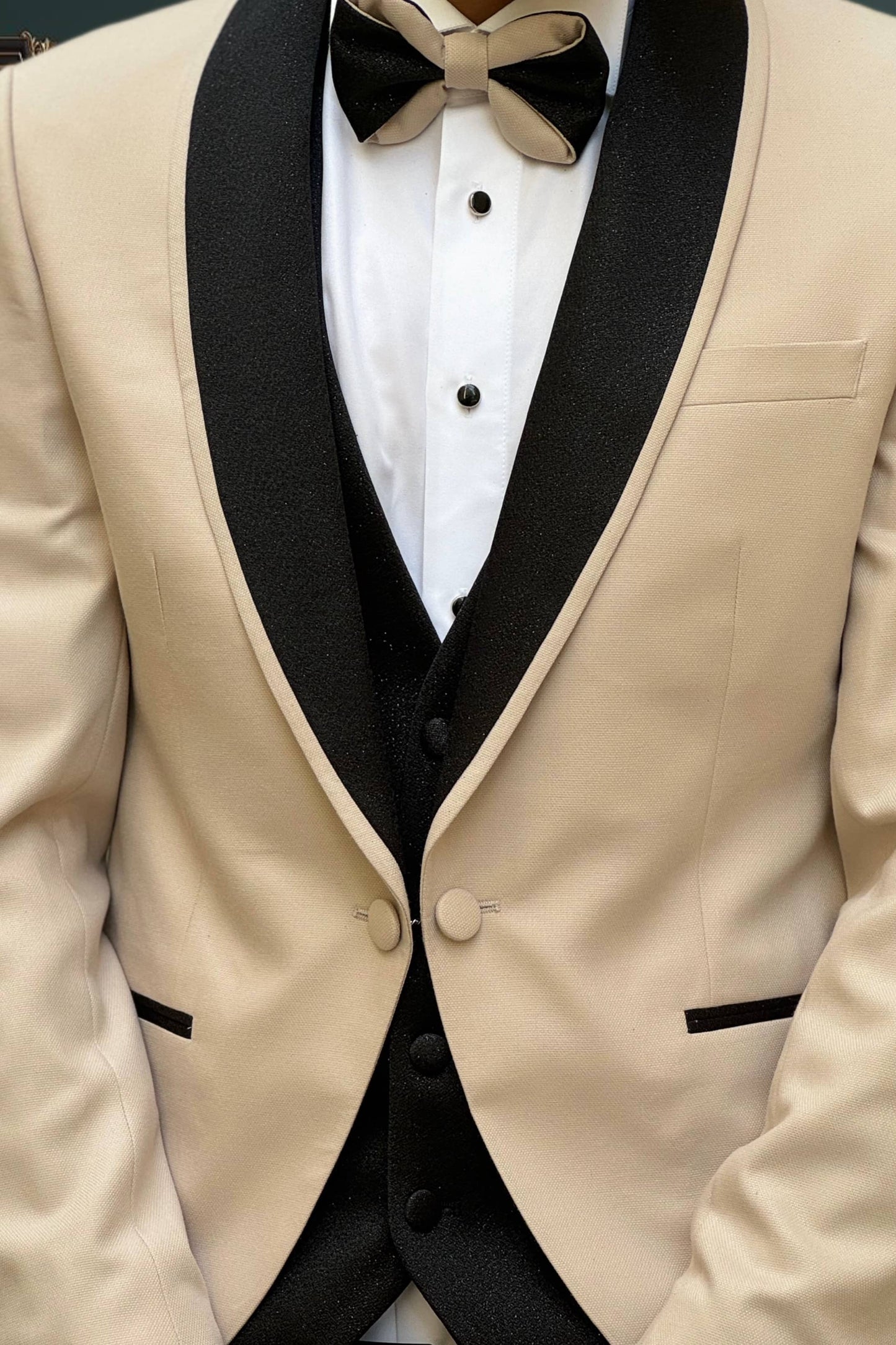 Men's Beige Tuxedo with Black Shawl Lapel & Glitter Accents | Weddings & Events