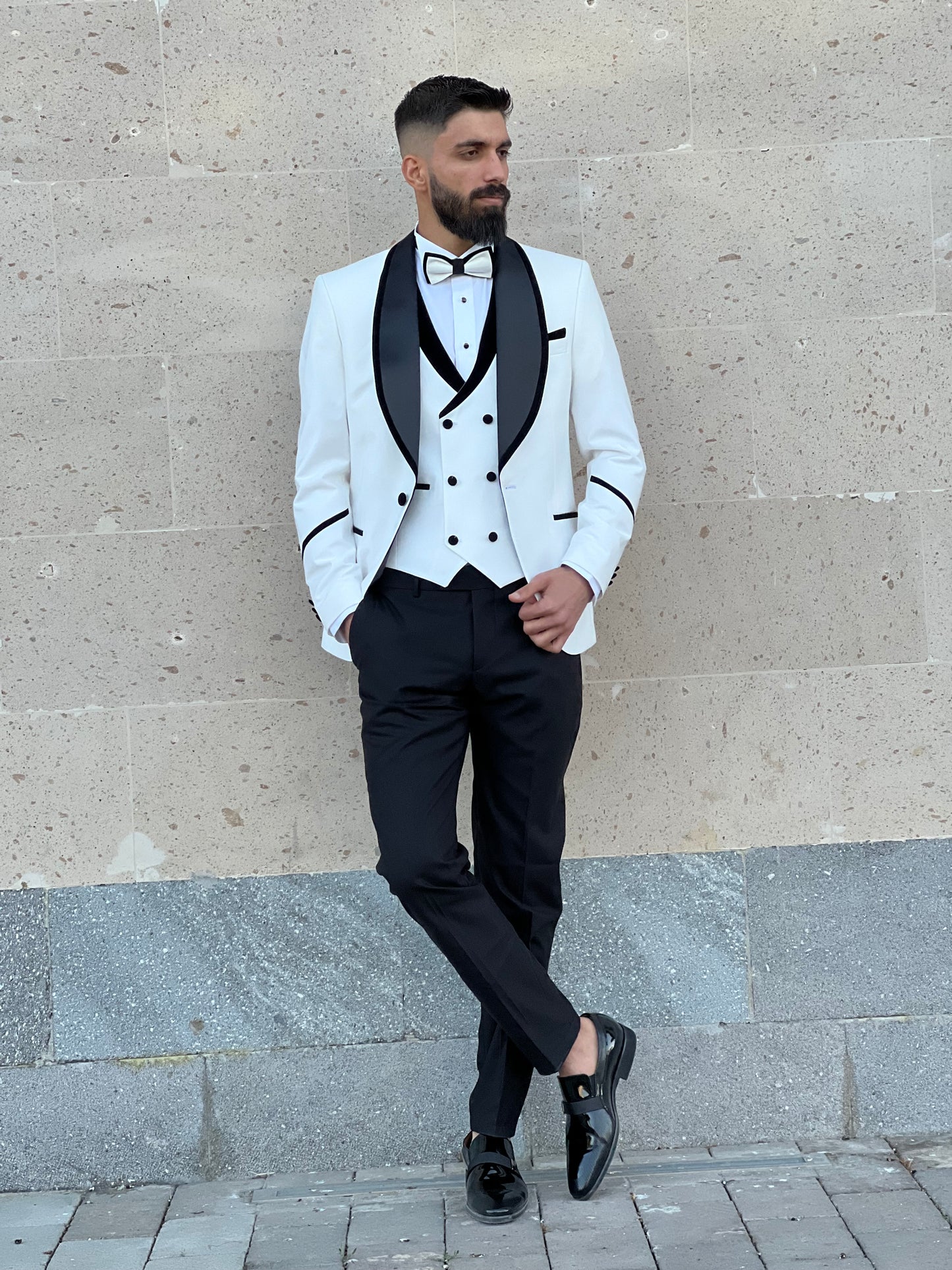 Men's Off-White Tuxedo with Black Satin Lapel | Premium Formal Wear