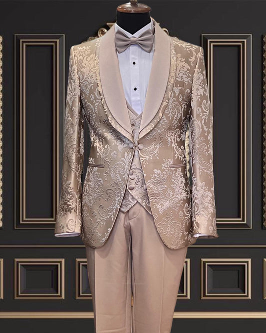 Premium Men's Gold Floral Tuxedo with Beige Shawl Lapel – Elegant & Modern