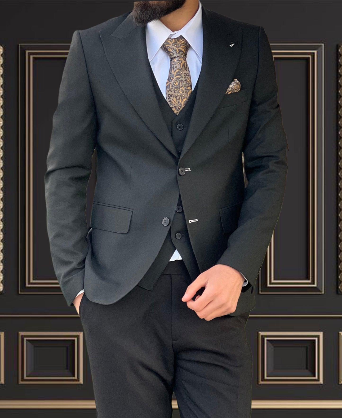 Mens Slim Fit Black Color Suit | 3 Piece Wool Suit premium 4 way stretch