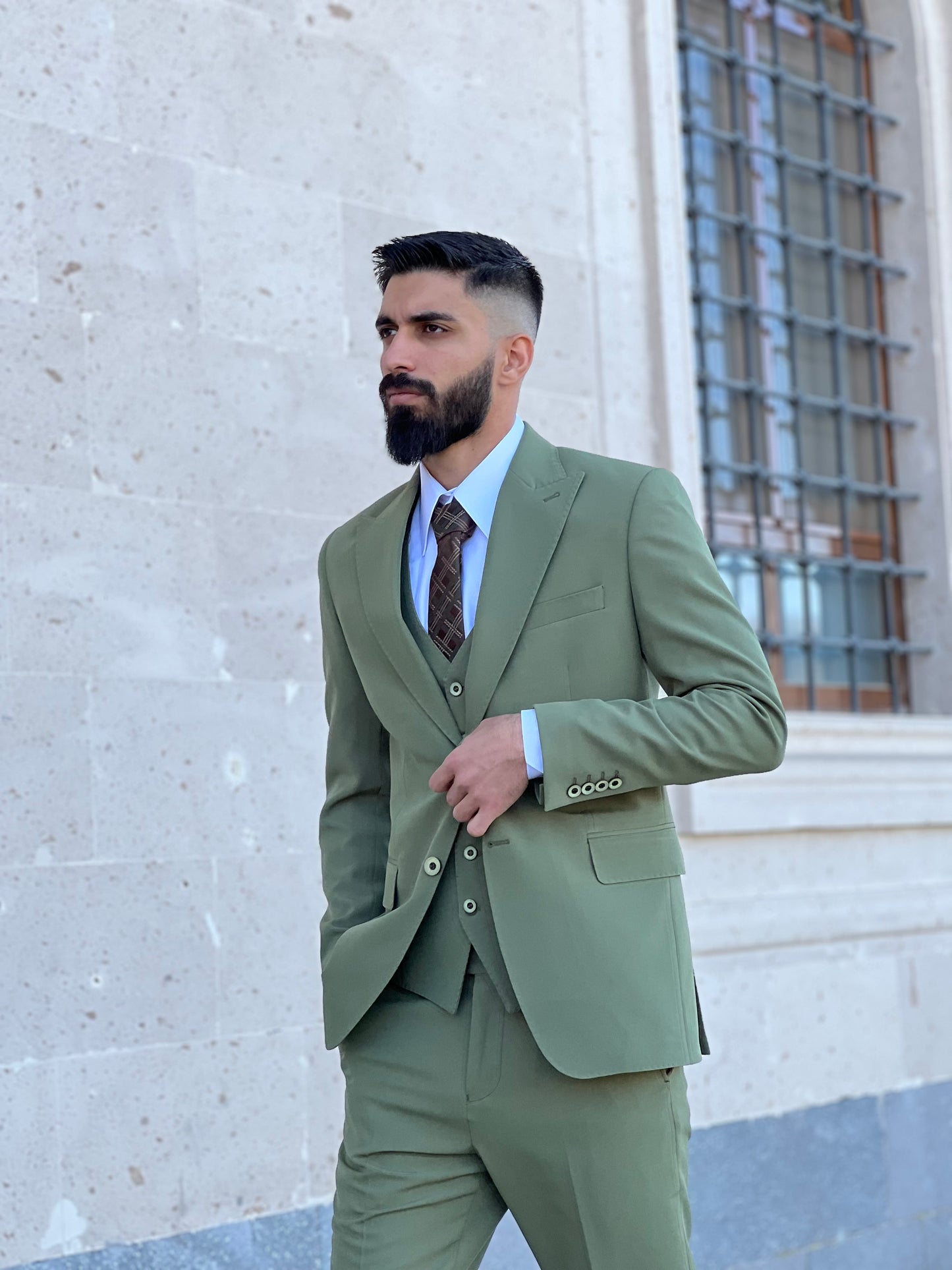 Mens Slim Fit Sage Green Color Suit | 3 Piece Wool Suit premium 4 way stretch