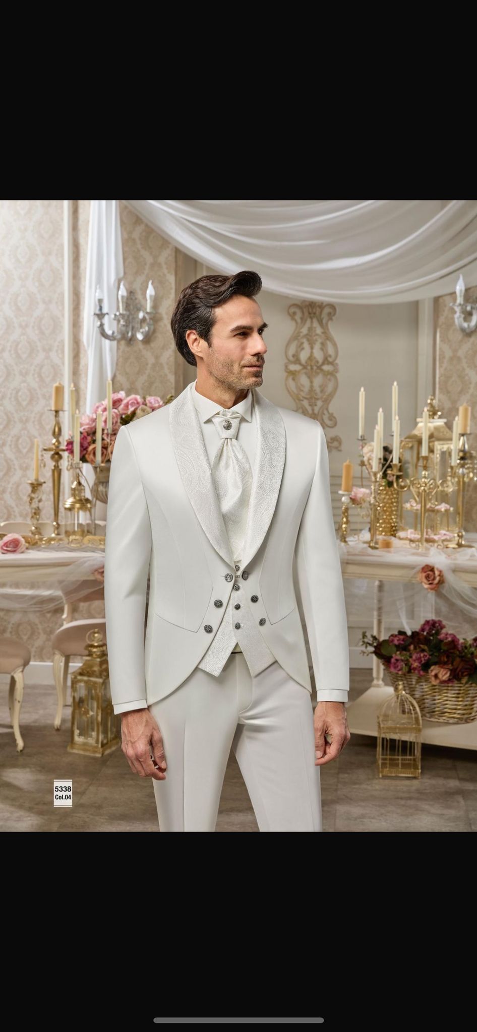 Men's All-White Tuxedo with Floral Shawl Lapel – Elegant & Modern