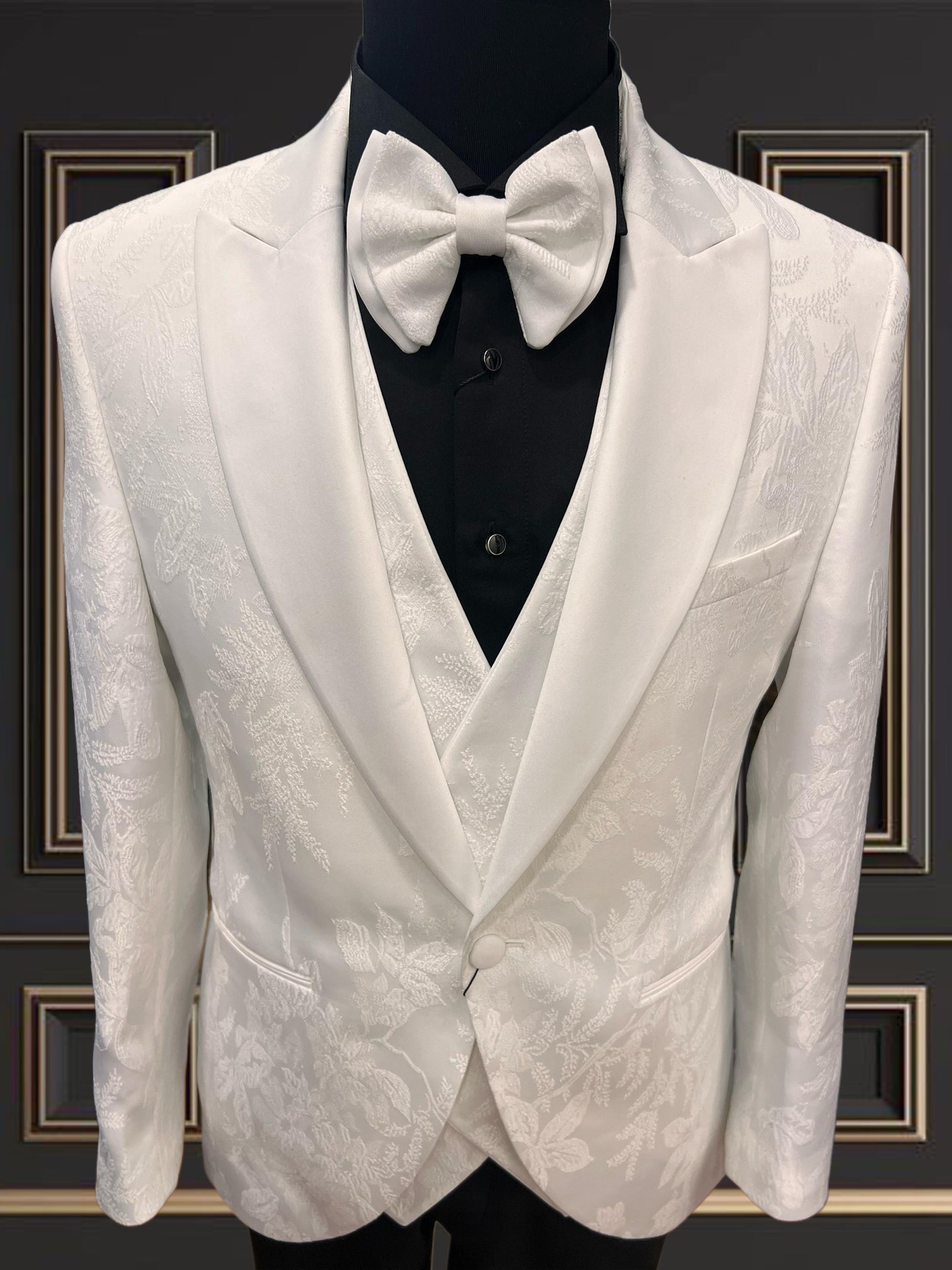 All Off White Floral Tuxedo with White Satin Lapel