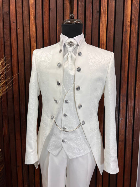 Men's Off White Floral Tuxedo with Mandarin Collar | Slim Fit Premium Tux