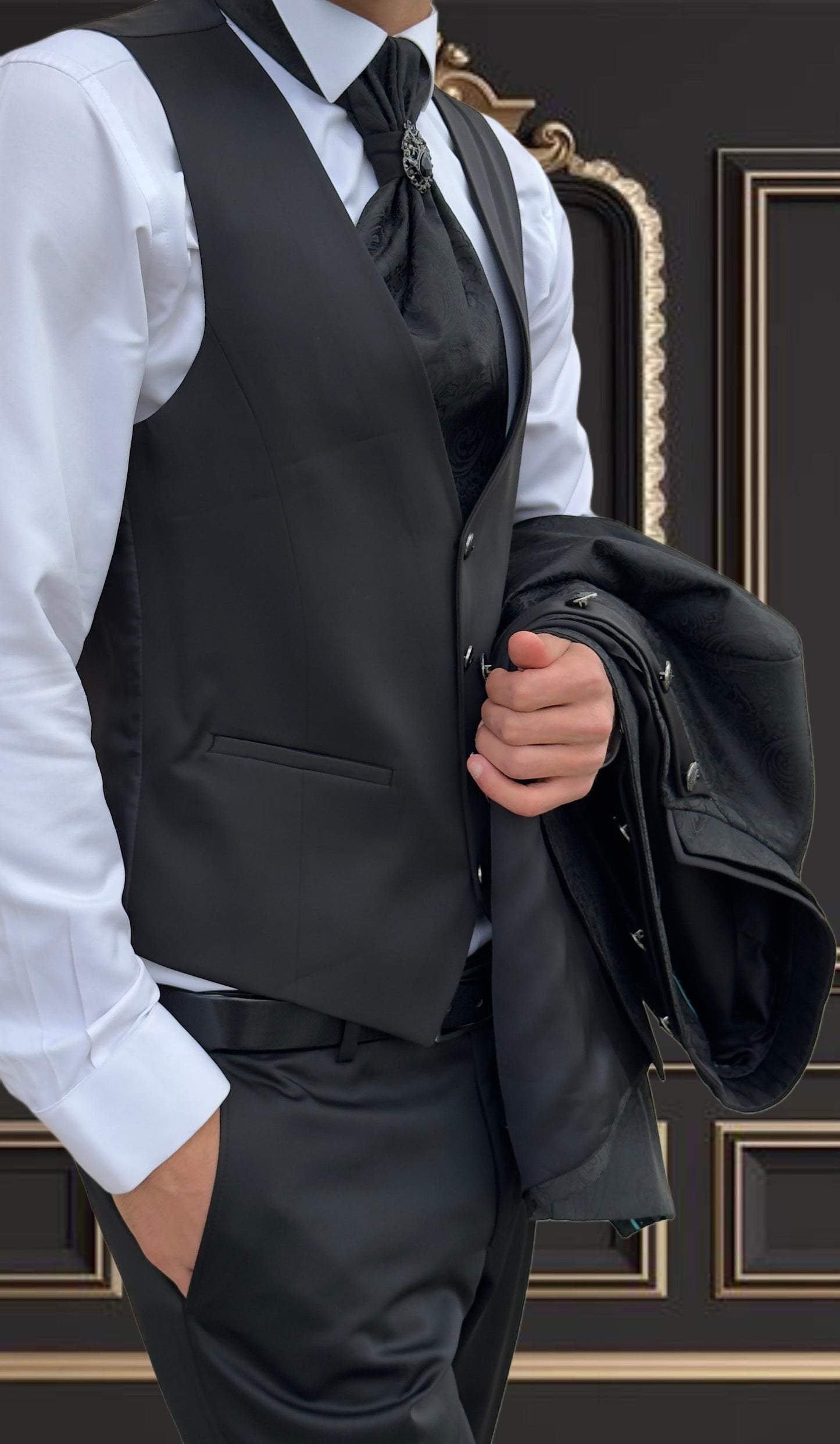 Men's Black Jacquard Tuxedo mandarin collar