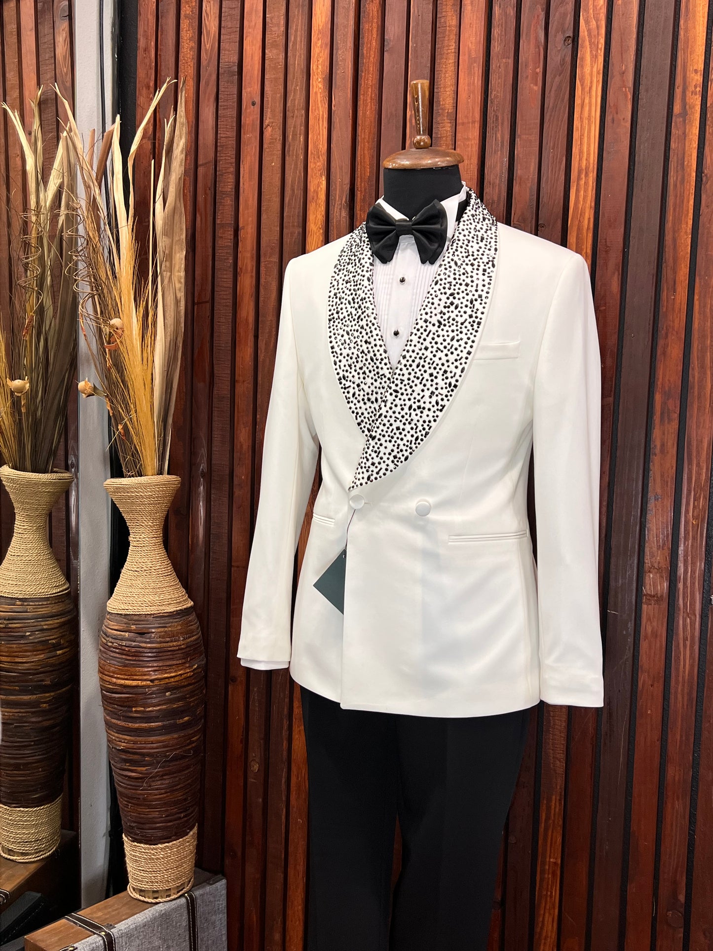 Men's Off-White Ivory Tuxedo with Rhinestone Shawl Lapel for Weddings & Formal Events - Elegance Factory