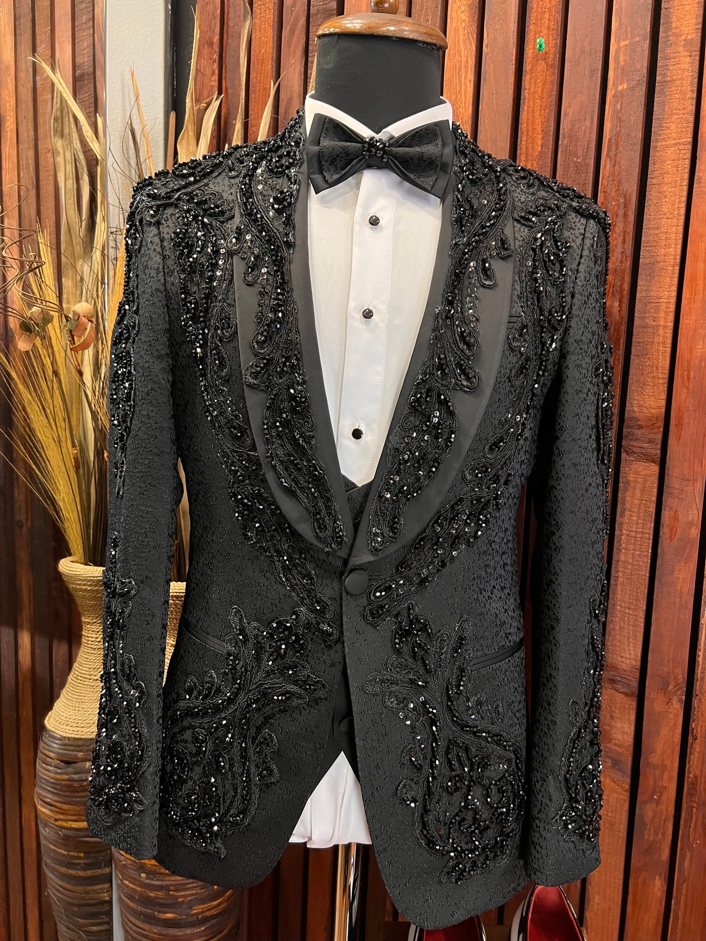 Hand Made Slim Fit Mens Black embroidered tuxedo with Stones