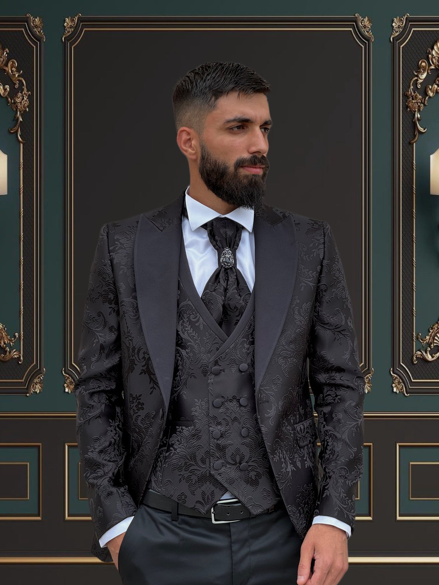 Men's Black Floral Design Tuxedo with Peak Lapel | Elegant Formal Wear